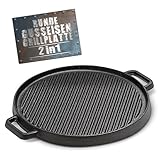 BBQ BOSS Gusseisen Grillplatte [2 in 1] Grillrost – Grillplatte rund – Platte für den Grill – wendbar – für Grill und Ofen – Ø 29,5