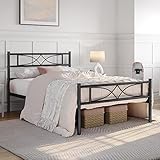 Yaheetech Metallbett 90 x 200 cm Bettrahmen mit Hohem Kopfteil Gästebett mit Lattenrost für Schlafzimmer Gästezimmer Viel Stauraum unter dem Bett Schwarz