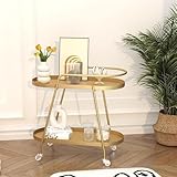 Aufbewahrungswagen, beweglicher Trolley, Eisen, kleine Beistelltische mit Rollen, 2 Ebenen, kleiner Rollwagen, Nachttisch für Wohnzimmer, Schlafzimmer (Gold)