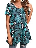 Enmain Tunika Damen Sommer Kurzarm Longshirt Locker Große Größen 3/4 Ärmel Bluse Tuniken Top Longbluse Oberteil Mit Aufdruck Für Lässig Festliche,Türkis,3XL