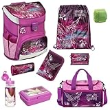 Familando Mädchen Schulranzen 1. Klasse · Scooli Campus Fit Schultasche · ergonomisch & leicht · Kinder Schulranzen Set für Mädchen (9-teilig mit Sporttasche, Pegasus Violett)