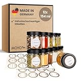 MOYO Gewürzgläser mit Etiketten I 12er Set I hochwertige Gewürze Aufbewahrung 154ml I luftdichtes Gewürzdosen Set I Gewürzaufbewahrung mit Deckel in schwarz I Gewürz Set zur Küchenorganisation
