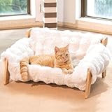 CheerPals Erhöhtes Katzenbett aus Buchenholz, 70x47cm Großes Katzensofa, Katzenstuhl mit Abnehmbarem Waschbar Plüschdecke (Baumwoll-Füllung), Belastbar mit 15 kg, zum Schlafen für Alle Katze