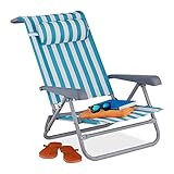 Relaxdays Liegestuhl klappbar, 8-stufig verstellbar, Strandstuhl mit Nackenkissen, Armlehnen & Flaschenöffner, blau/weiß, 1 Stück