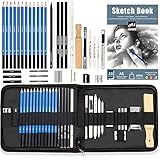 KALOUR ZeichenKit, 34teilig, Zeichnungs und Zeichenstift, in Tragetasche mit Reißverschluss, Kunstbedarf inklusive Zeichnung und Kohlebleistift, Graphitstift, Radiergummi, HolzkohleStick