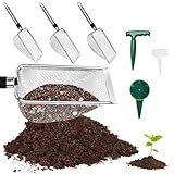 Zuxbolf 4 Stück Gartensieb aus Edelstahl Kompostsieb mit Griff Erdsieb 4 in 1 Set Sandsieb Durchwurfsieb 2/2.8/3.8/5mm Masche Siebschaufel mit Pflanzholz Sägerät & 10 Etiketten für Kompost Sand