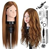 SZCY LLC 60cm/23.5 Zoll 80% Echthaar Haar Frisierkopf Schminkpuppe Kopf, Bilden Make-up Friseur Übungskopf Praxis Schaufensterpuppe Kopf mit DIY Haare Frisuren Set