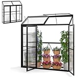 HOMASIS Gewächshaus mit 3 Ablagen, Anlehngewächshaus Tomaten mit 3 Türen & 2 Oberlicht, Aluminium Frühbeet Pflanzenhaus Winterfest, 180x52x190cm, Teibhaus Gartenhaus für Garten & Balkon, Schwarz