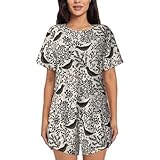 Xiso Ver Abstraktes Damen-Pyjama-Set mit Vögeln und Pflanzen, kurzärmelig, weiche Shorts, Nachtwäsche, Schwarz, S