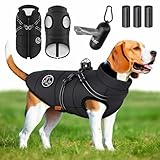 LOVPET® Hundejacke Hundemantel mit Geschirr, inkl. 45 Stück Kotbeutel + Spender, Hunde Winterweste gefüttert wasserdicht, Gepolsterte Weste Mit Brustgurt, Reflektoren, D-Ring 2XL, Schwarz