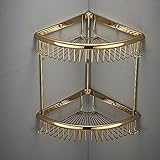 Duschregal aus Messing, 2 Etagen, Eckregale mit rostfreiem Badezimmer-Haken, Shampoo-Halter, Bad-Ordnungs-Organizer, Wandmontage, Schraube in Gold-Finish
