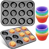 Frasheng Backblech für Muffins,2er-Pack Muffinform Blech für 12Muffins,antihaftbeschichtet,Karbonstahl,24Stück Wiederverwendbare Backförmchen aus Silikon,Cupcake Formen,Silikonformen