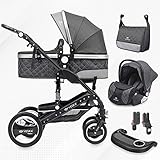 3 in 1 Kombi-Kinderwagen inkl. Babyschale, Buggy, Jogger mit Wickeltasche, Moskitonetz, Regencover, Spieltisch, Autoschale Fußsack, QuickFold, Aluminiumrahmen (Schwarz - anthrazit/anthrazit)