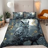 Bettwäsche 155x220 Eule Bettbezug 155x220 & 2 Kissenbezügen, Eule Auf Einem AST Mit Sternenhimmel Bettbezug Set Microfaser Bettdeckenbezug mit Reißverschluss und 2 Kissenbezug 80x80cm