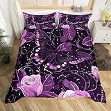 Lila Schmetterling Bettwäsche Set Wild Tier 155x220 Bettbezug,Romantische Rose Blume Bettwäsche Mädchen Floral Bett Set Hochzeitstag Tröster Abdeckung mit 1 Kissenbezug,(Kein Tröster)
