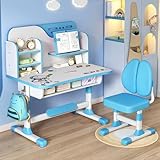 Kripyery Kinder-Schreibtisch- und Stuhl-Set, verstellbar, für Mädchen, Jungen, Schule, Hausaufgaben, Studiertisch, ergonomische Schreibtische mit großer Schreibtafel, Bücherregal und Schublade, Blau
