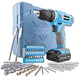 Hi-Spec 50-tlg. Akkubohrmaschinenset mit 12V Bohrer in Blau und den gängigsten Holz-, Metall- und Steinbohraufsätzen in einer praktischen Box