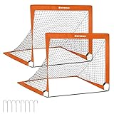 SONGMICS Fußballtor Kinder, 2er Set, Pop-up Tor, schneller Aufbau, für Garten, Park, Strand, Haltestangen aus Glasfaserstäben, Oxford-Gewebe und Polyesternetz, orange SZQ122O02