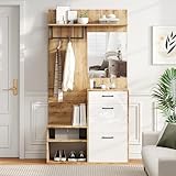 AOZBZ Flurgarderoben Set 100*38.5*190cm, Kompaktgarderobe mit Spiegel, Schuhbank, Schuhschrank, Hängeschrankregal, Mit 1 Schublade und 2 Schränken, Flurschrank Wandgarderobe für Ihren Eingangsbereich