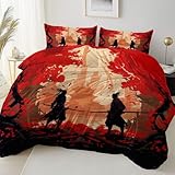 Rot Mädchen Bettwäsche 200 x 200 cm, Spiel Orientalisch Samurai Ahornblatt Thema Weich Mikrofaser Kinder Bettbezug mit 2 Kissenbezug - Farbecht Wende Junge Bettwäsche Set mit Reißverschluss