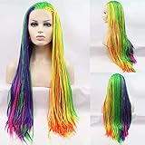 Kalisa Angle Lucky Cosplay Perücke, geflochten, Regenbogenfarben, ohne Klebstoff, handgefertigt, mit Spitze vorne, Kunsthaarperücke, bunt, doppelt, hitzebeständig, Zug