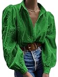 Awemeal Damen Button-Down Bluse Oberteil Aushöhlen Bestickt Langarmshirt Hemdbluse Puff Langarm Shirt Top Elegant Einfarbig Blusenshirt Casual Lose Blusen Hemden (M, Grün)