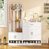 Oslghy Garderobenset Wandgarderobe, Garderoben Set mit Schuhbank und Wandpaneelen, Garderobenständer, Flurgarderobe Set mit Schubladen und Türen, Flurtrockenständer, Weiß Flurmöbel 140.6x32x180 cm