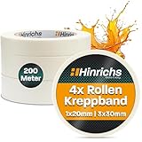 Hinrichs Kreppband 4x - Abklebeband 3 Rollen 50m x 30mm + 1 Rolle 50m x 20mm - Maler Klebeband zum Streichen und Lackieren - Abdeckband für Malerarbeiten - Malerkrepp für Renovierung & Auto