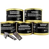 Hausmacher Wurst Geschenkset – 5 Sorten im Set (Leberwurst, Lyoner, Bierwurst, Bratwurst, Schwartenmagen) – mit Dosenöffner – Deutsche Metzgerqualität, 5×400g Dosen