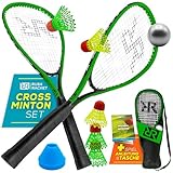 Rush Racket Speed Badminton Set RS3 – 5-teiliges Crossminton Set mit 2 Turbo Badminton Schlägern, 5 Federbällen, 1 Softball, 8 Feldmarkierungen & Tragetasche – Outdoor & Indoor Speedbadminton - Grün