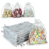 Jedebartey Weiß Organzasäckchen 20 Stück, 13 x 18 cm Silber Folie Muster Kordelzug Organza Säckchen Schmuckbeutel Geschenkbeutel für Baby Show Hochzeit Geburtstagsparty Schmuck