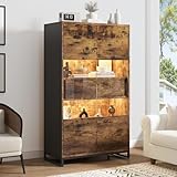 Merax Vitrinenschrank Transparente Vitrine mit LED-Beleuchtung, Bücherschrank mit 2 Türen & 2 Schubladen, Sammlervitrine Highboard Standvitrine Weinschränke für Wohnzimmer Esszimmer Büro, Vintagebraun