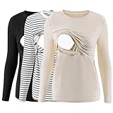 Love2Mi 3er Pack Damen Stillshirt Gerippte Langarm stilltops Doppellagige Umstandsmode Tshirt Umstandskleidung