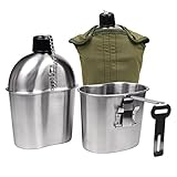 Goetland Edelstahl US Militär Feldflasche Set 1l mit 0,5l Becher Nylon Beutel Wasserflasche Kochtopf Campingbecher