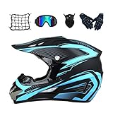 MRDEAR Motocross Helm Set (5 Stück/ Schwarz und Blau) Cross Helm mit Handschuhe Brille Maske Motorrad Netz, Crosshelm Motorradhelm Off Road Downhill Helm ATV Dirt Bike Pocket Bike Helm,S