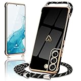 Micoden Handykette kompatibel mit Samsung Galaxy S22 5G hülle Ultra dünn Kameraschutz Herz Love Design Galvanik TPU Silikon Bumper Kordel zum Umhängen Handyhülle mit Band Schutzhülle,Schwarz
