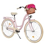 MILORD Damen Komfort Fahrrad mit Weidenkorb, Hollandrad, Damenfahrrad, Citybike, Vintage, 28 Zoll, Rosa-Creme, 3-Gang