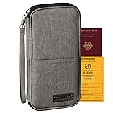 TRAVISON Reisepass-Tasche XL, RFID Schutz, für 4 Reisepässe und Impfpass, wichtige A4-Dokumente, 9 Kreditkartenfächer, Ausweistasche für Tickets und Smartphone, für Mann und Frau – dunkelgrau 25x13cm