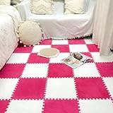 LULUMAIC 48 Stück (Rose Rot + Weiß 0,39 Zoll) Schaumstofffliesen für Salon, Plüsch Puzzlebodenmatte, Spielmatten, Teppichquadrate, Split-Teppiche, Schlafzimmer