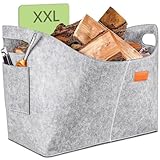 Praknu Kaminholzkorb Groß - Holzkorb aus Recyceltem Filz - Mit Seitentasche - Robust und Vielseitig Verwendbar - Filztaschen Shopper - Grau