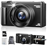 Digitalkamera 4K, 72MP 18X Autofokus Digitalzoom Digital Kamera, 2,8 Zoll 270° Klappbarer LCD-Bildschirm HD Kompakte Vlog Kamera mit Akkus, 64GB Karte, Geeignet für Anfänger, Erwachsener Schwarz
