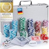 Profi Pokerkoffer Pokerset inkl. 300-500 schwerer 12g Metallkern Poker-Chips; Pokerdeck, Pokerkarten, Würfel, Dealer-Button; abschließbar Alu-Koffer; Casino für Zuhause (Silber, 300 Chips)