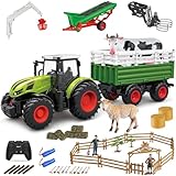 fisca 45PCS Kinder RC Traktor Spielzeug Bauernhof Spielset, 2.4Ghz Fernsteuerung Bauernhof Traktor Set mit Anhänger & Förderband & Bauernhof Tiere Figuren Zäune Landwirte für Kinder Alter 3+