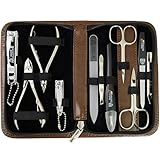 DREI SCHWERTER - Germany 10-tlg. Reiseset 'Spezia' | Nagelpflegeset in braunem Kunstlederetui | Inhalt: Nagelschere, Hautschere, Nagelzange, Pinzette, Glasnagelfeile uvm
