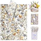 Larcenciel Seidenpapier Aquarell Blume, 60 Blatt Gelb Seidenpapier Verpackungsmaterial für Füllmaterial, Vintage Wildblumen Pflanzen Geschenkpapier für Geburtstage Hochzeit Jubiläen Basteln, 50x35CM