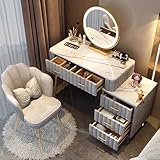 MiaJJooLi Schminktisch Granitplatte mit Spiegel/Samtstoff Stuhl, Frisiertisch Kosmetiktisch mit 5 Schubladen Massivholz,Schlafzimmer Frisierkommode für Mädchen