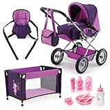 Bayer Design 15012B - Kombi-Puppenwagen Grande Mega-Set mit Reisebett und viel Zubehör, lila, 46cm-75cm