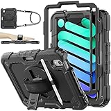 SEYMAC stock Hülle für iPad Mini 7(A17 Pro) 2024/ Mini 6 2021 8,3 Zoll, Stoßfeste Hülle mit 360 Drehbarer Ständer/Handschlaufe, Displayschutz, Stifthalter & Schultergurt für iPad Mini 7/6, Schwarz