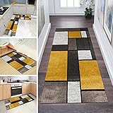 Teppich Läufer Flur rutschfest 80x250cm Küchenteppich Patchwork Braun Gelb Grau Waschbar Meterware Schlafzimmer Korridor Teppichläufer Lang, Länge Anpassbare, 60/ 70/ 80/ 90/ 100/ 110/ 120cm Breit