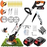 Akku-Rasentrimmer, elektrische Motorsense mit 2 Akkus 21 V 2000 mAh und Ladegerät, Akku-Rasentrimmer mit Metallklinge, Länge verstellbar, geeignet für Garten und Rasen